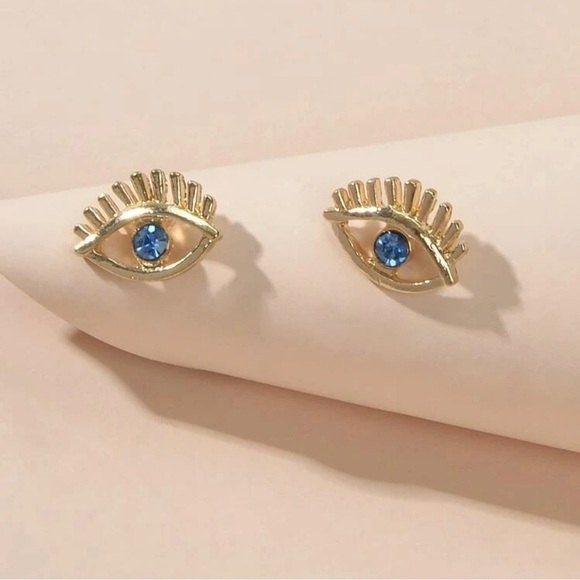 Rhinestone Blue Eye Stud Earrings - Picture 2 of 3